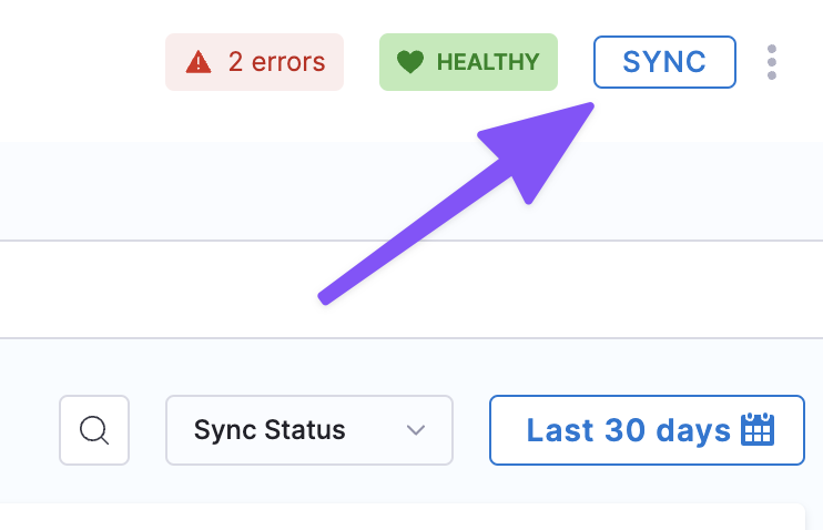 Screenshot showing the SYNC button in the GitOps Application interface